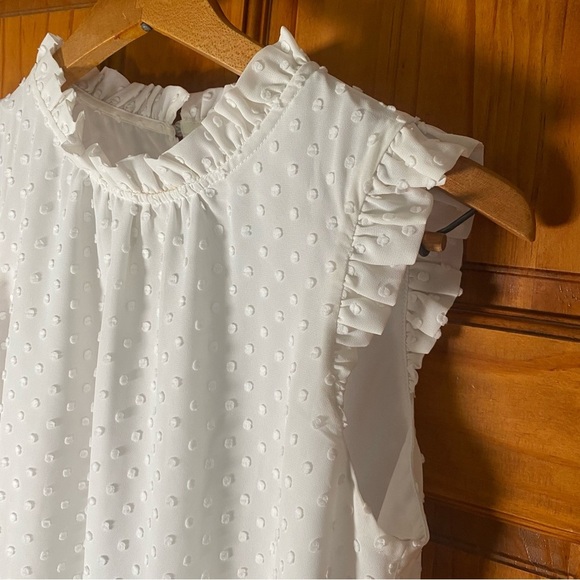 J. Crew Crisp White Swiss Dot Ruffled Mandarin Collar Sleeveless Blouse - Picture 4 of 7